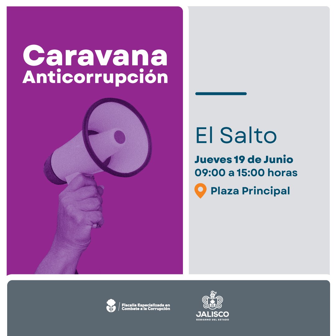 Este Jueves 19 estaremos presentes en la Plaza Principal de El Salto de 9:00 a 15:00 hrs. con la Caravana Anticorrupción. 
Puedes asistir a presentar tu denuncia o acercarte a resolver tus dudas, te estaremos esperando para juntos combatir la #corrupción 
#TuDenunciaCuenta
