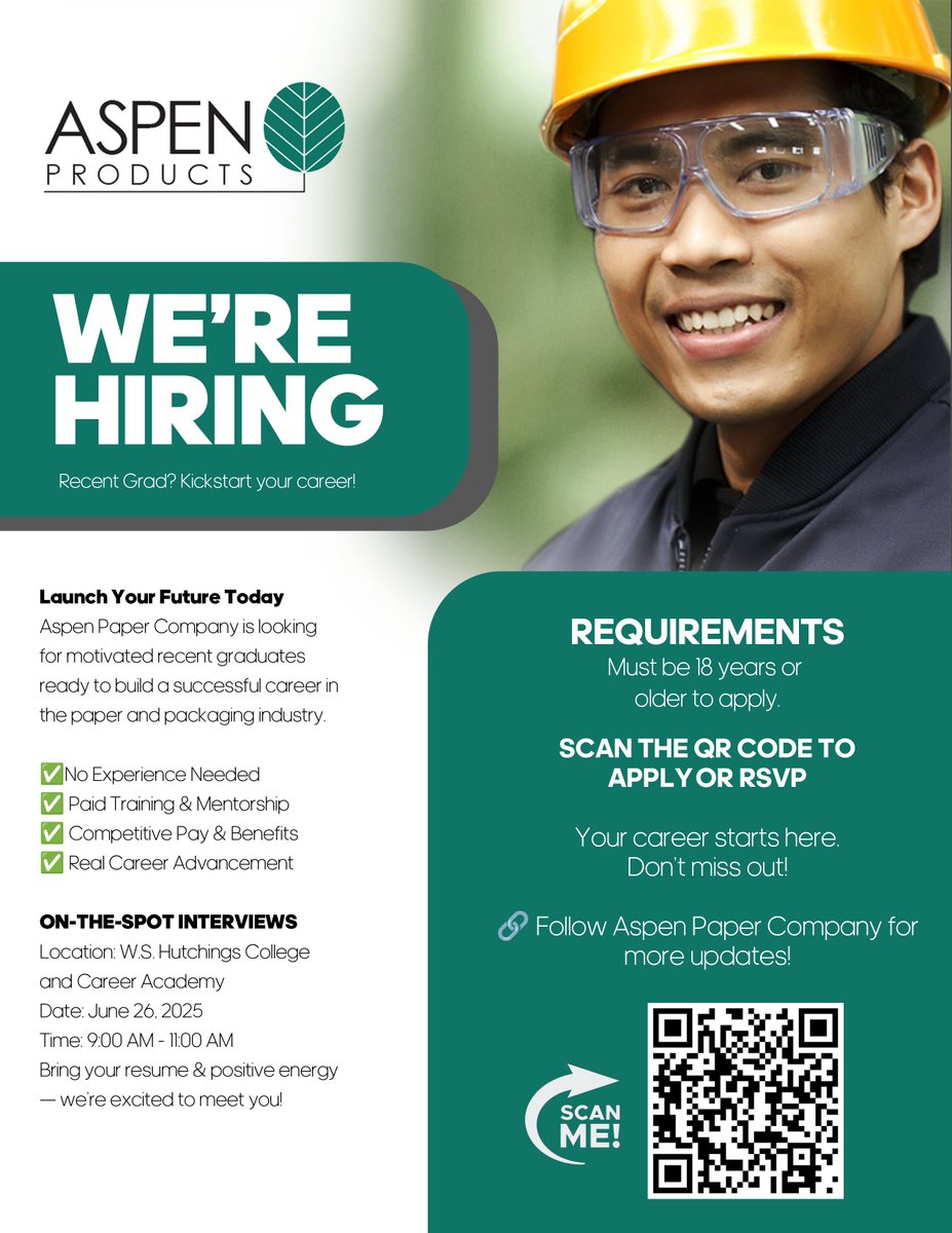 🎓 Just graduated? Ready to kickstart your career?

Aspen Paper Company is HIRING — no experience needed! ✅
📍 On-the-spot interviews:
🗓️ June 26, 2025
🕘 9–11 AM
📍 W.S. Hutchings College &amp; Career Academy
🔗 Scan the QR code to apply or RSVP today.
#bibbctae #ctaedelivers