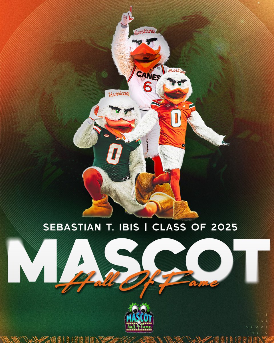 MiamiHurricanes's tweet image. IT’S ALL ABOUT SEBASTIAN 🙌 

Celebrating National Mascot Day with our guy being inducted into the Mascot Hall of Fame! 🏆 Congratulations, @UM_Sebastian 💚🧡