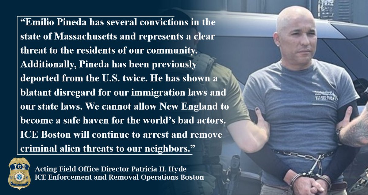 EROBoston's tweet image. ICE Boston @EROBoston, ICE @HSINewEngland, @FBIBoston and @DEANEWENGLAND arrested an illegal Salvadoran alien with several convictions in Massachusetts. Officers with ICE, FBI, and DEA apprehended Pineda in Peabody.
Link: ice.gov/news/releases/…