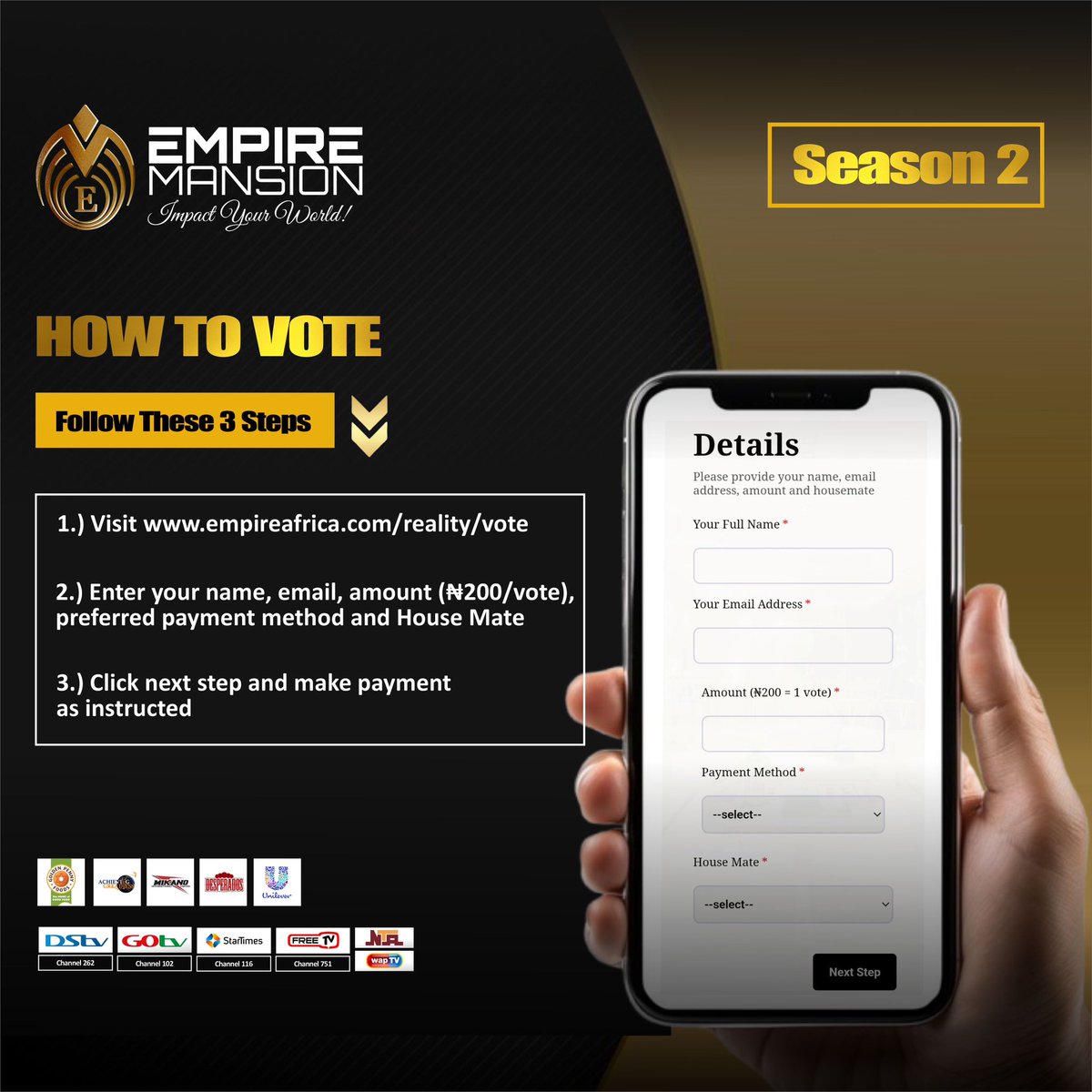 empiremansionRT's tweet photo. 3 Sure Steps to keep your Favorite Contestant in the Empire Mansion.

Vote for your faves now and keep them in the game.

#EmpireMansion #impactyourworld #AllUpForEviction #VoteToSave #RealityTVNaija #EmpireSeason2 #SupportYourFave #MakeItCount https://t.co/zKMmIAl7QB