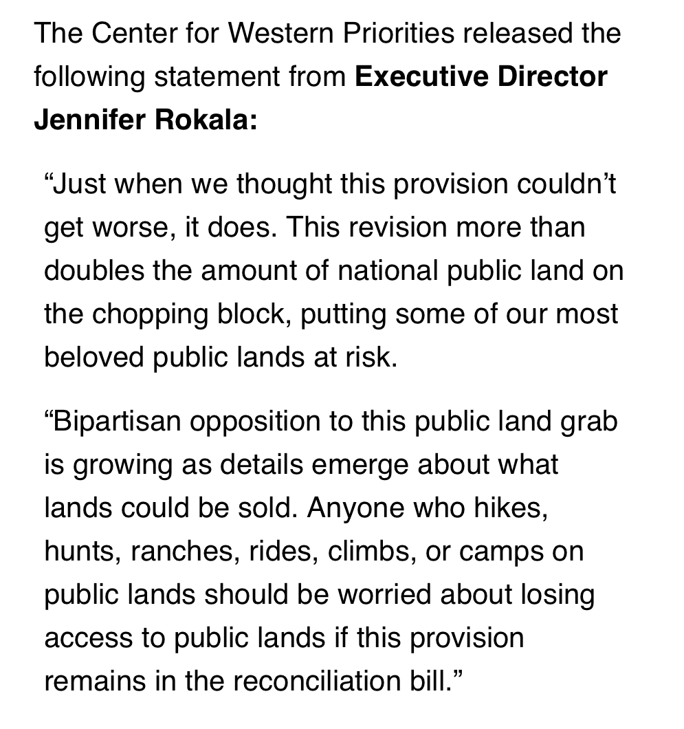 Western Priorities (@wstrnpriorities) on Twitter photo An updated version of the Senate ENR committee bill text makes land with grazing permits eligible for sale, according to analysis by The <a href="/Wilderness/">The Wilderness Society 🌳</a> Society.
Our statement:
mailchi.mp/westernpriorit… An updated version of the Senate ENR committee bill text makes land with grazing permits eligible for sale, according to analysis by The <a href="/Wilderness/">The Wilderness Society 🌳</a> Society.
Our statement:
mailchi.mp/westernpriorit…