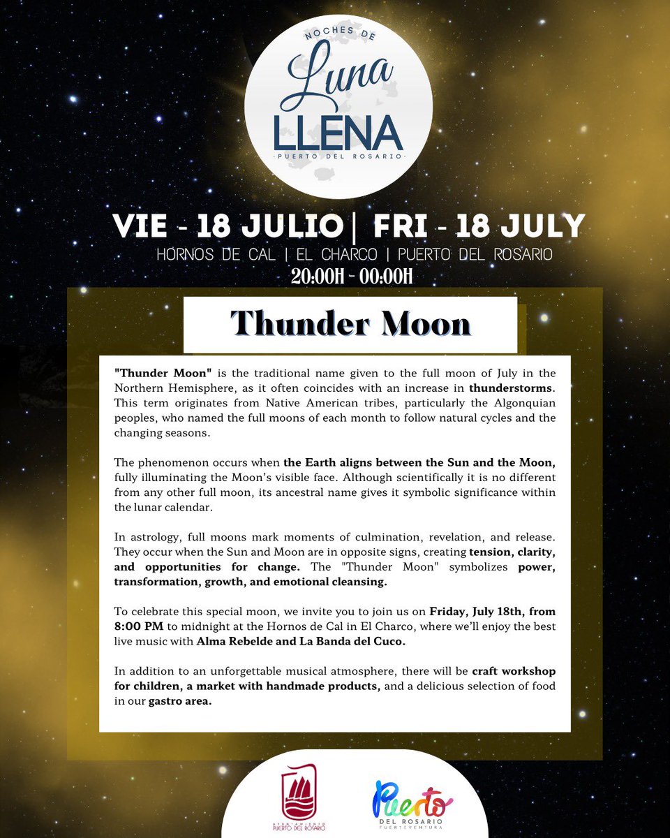 La Luna Llena del Trueno ⚡️ya resuena en el horizonte. 

📌Nos vemos el 18 de julio en los Hornos de Cal - El Charco, bajo la luz de la luna 🌕

#PuertoDelRosario #LunaLlena #Fuerteventura