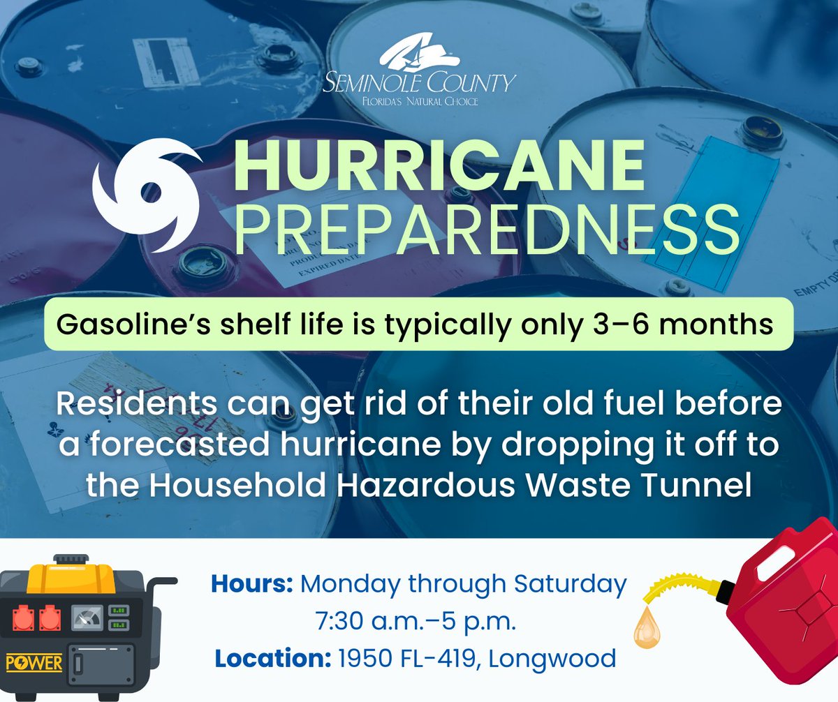 HURRICANE PREPAREDNESS TIP: Hurricane season is officially here, and residents can prepare ahead of time by emptying their old fuel canisters early at the Central Transfer Station's Household Hazardous Waste (HHW) tunnel. Fuel, typically used in generators, has a shelf life of