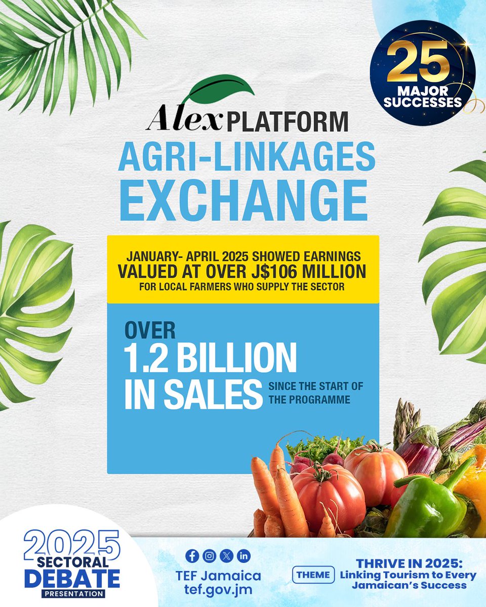 🌾📲 Boosting Farm-to-Table Connections!
ALEX is linking 2,000+ small farmers to hotels — earning J$106M in just 4 months and J$1.2B+ since launch!It’s more than a platform — it’s a lifeline for Jamaica’s agri-economy. 🚜🇯🇲
#Sectoral2025 #ThriveIn2025 #SupportLocalFarmers