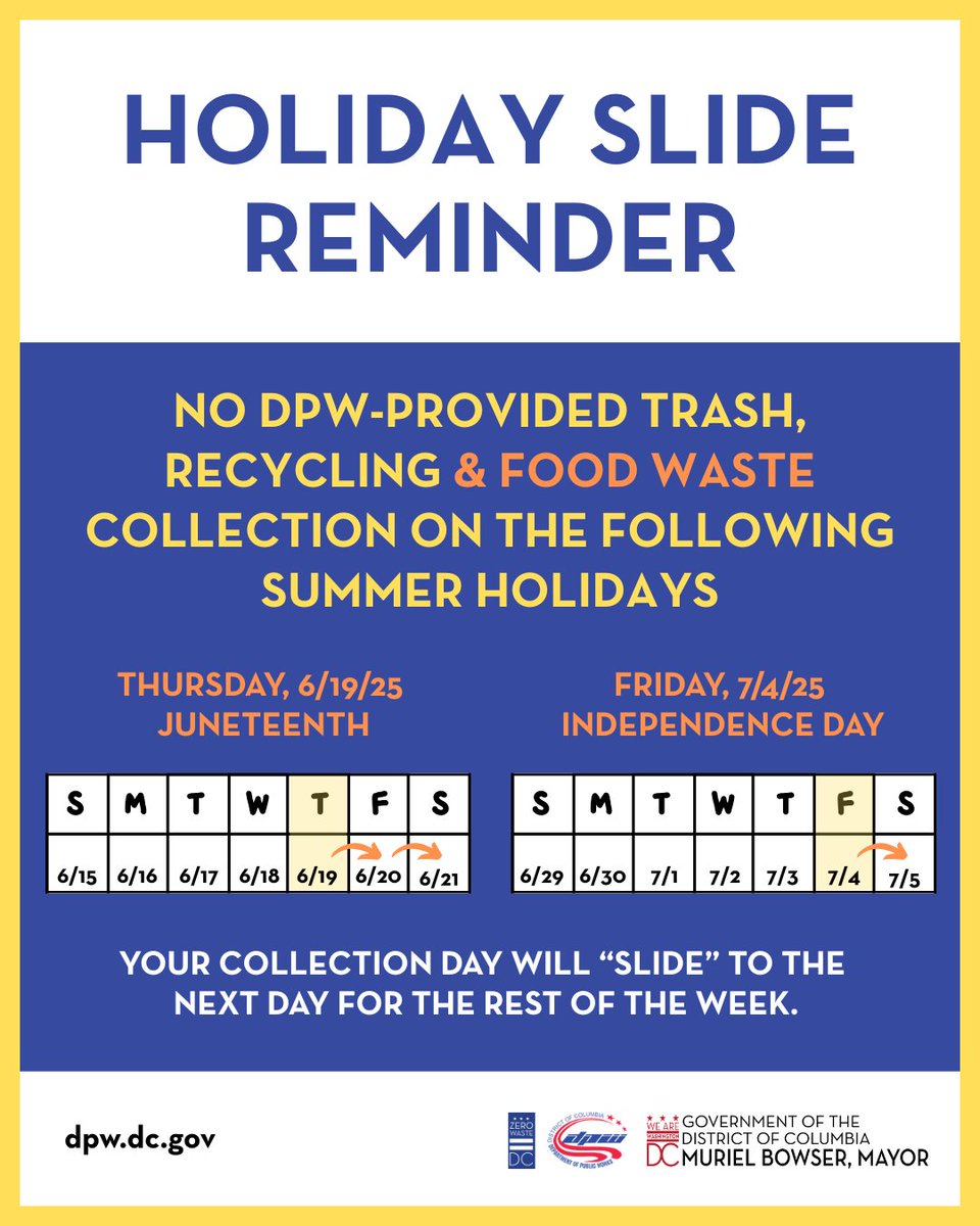 ZeroWasteDC (@dczerowaste) on Twitter photo Service reminder for upcoming holidays: There will be no DC DPW-provided trash, recycling & food waste collection on Juneteenth (June 19) & Independence Day (July 4). Your typical collection day will "slide" to the next day for the rest of the week.
Follow <a href="/DCDPW/">DC Department of Public Works</a> for updates. Service reminder for upcoming holidays: There will be no DC DPW-provided trash, recycling & food waste collection on Juneteenth (June 19) & Independence Day (July 4). Your typical collection day will "slide" to the next day for the rest of the week.
Follow <a href="/DCDPW/">DC Department of Public Works</a> for updates.