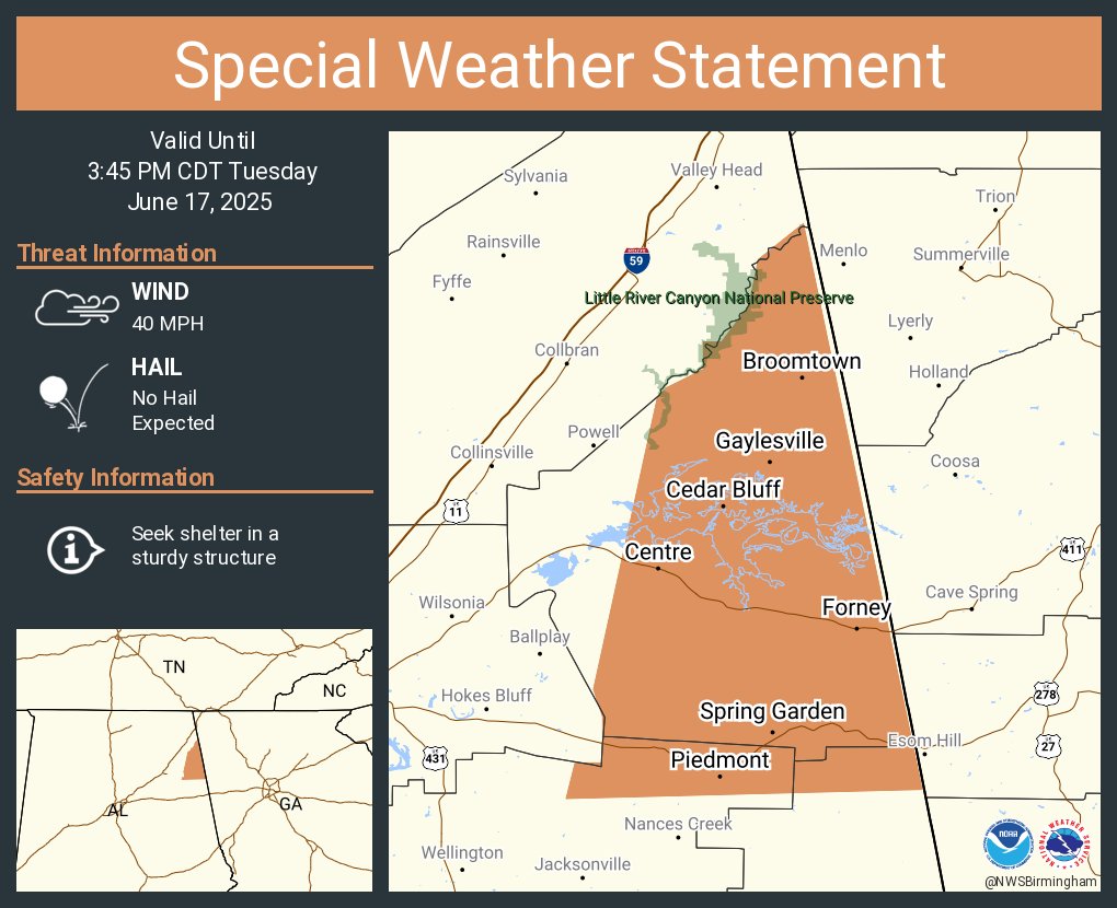 A special weather statement has been issued for Piedmont AL, Centre AL and  Cedar Bluff AL until 3:45 PM CDT