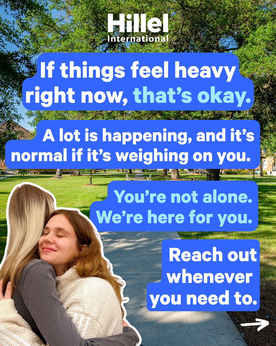 HillelIntl's tweet image. It’s a tough time for many Jewish college students, and it’s okay to feel heavy or overwhelmed.
Jewish life teaches us to pause, care for our whole selves, and lean on each other.
However you’re showing up today, we see you.