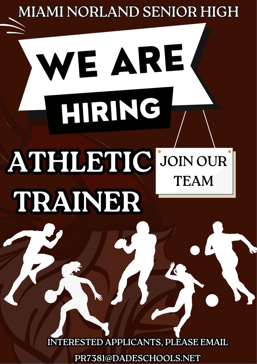 Miami Norland Senior (@miaminorlandshs) on Twitter photo ⚽️ 🏈 ⚓️WE ARE HIRING 🏃🏾♂️🏀 ⚓️
Join the "Winning Team" at Miami Norland Senior High School.
Allow us to interview you to join "The SHIP" as the NEW Athletic Trainer.
Please send your resume for the positions listed above to PR7381@DADESCHOOLS.NET.
#YourBestChoiceMDCPS ⚽️ 🏈 ⚓️WE ARE HIRING 🏃🏾♂️🏀 ⚓️
Join the "Winning Team" at Miami Norland Senior High School.
Allow us to interview you to join "The SHIP" as the NEW Athletic Trainer.
Please send your resume for the positions listed above to PR7381@DADESCHOOLS.NET.
#YourBestChoiceMDCPS