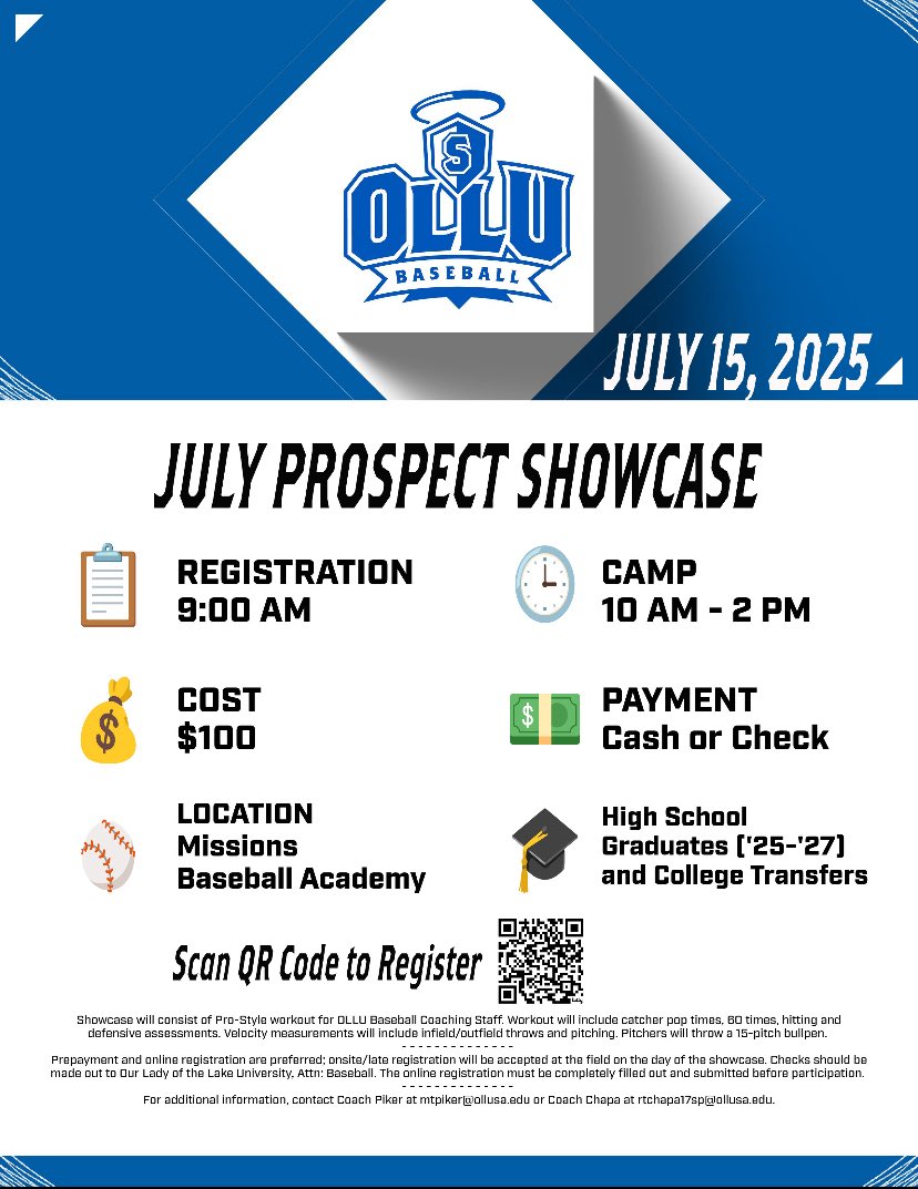 We apologize for posting the incorrect flyer yesterday. Our next showcase is still July 15th and we are still on the hunt for uncommitted HS/transfers! 

ollusaintsathletics.com/sports/bsb/202…