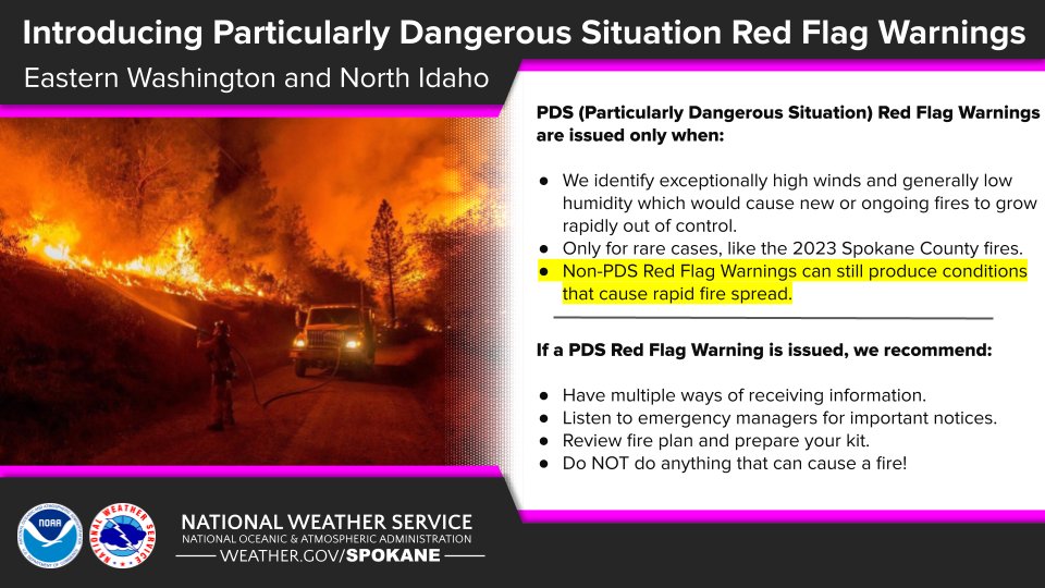 NWSSpokane's tweet photo. New for Washington and north Idaho this year, we will be issuing Particularly Dangerous Situation (PDS) Red Flag Warnings when we identify extreme conditions that can lead to fires growing very rapidly out of control (Ex: 8/18/23 Spokane County Gray/Oregon Fires). #wawx #idwx https://t.co/P4c7L8USvo