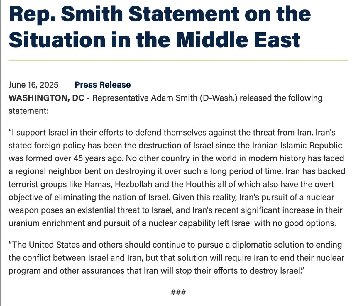 Stephen Semler (@stephensemler) on Twitter photo .<a href="/RepAdamSmith/">Rep. Adam Smith</a> says Israel has no choice but to start a war with Iran, a war Israel clearly wants the US to join.
Smith is the Democratic Ranking Member of the House Armed Services Committee. He voted for the Iraq War, and is now trying steer the US toward another catastrophe .<a href="/RepAdamSmith/">Rep. Adam Smith</a> says Israel has no choice but to start a war with Iran, a war Israel clearly wants the US to join.
Smith is the Democratic Ranking Member of the House Armed Services Committee. He voted for the Iraq War, and is now trying steer the US toward another catastrophe