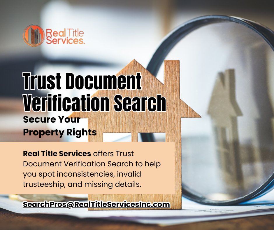 RealTitleServ's tweet image. Trust the process—only if the documents are verified!

Our Trust Document Verification Search ensures every clause, name, and signature is legit.

📩 Email: SearchPros@RealTitleServicesInc.com

#TrustSearch #TitleSearchExperts #PropertySecurity