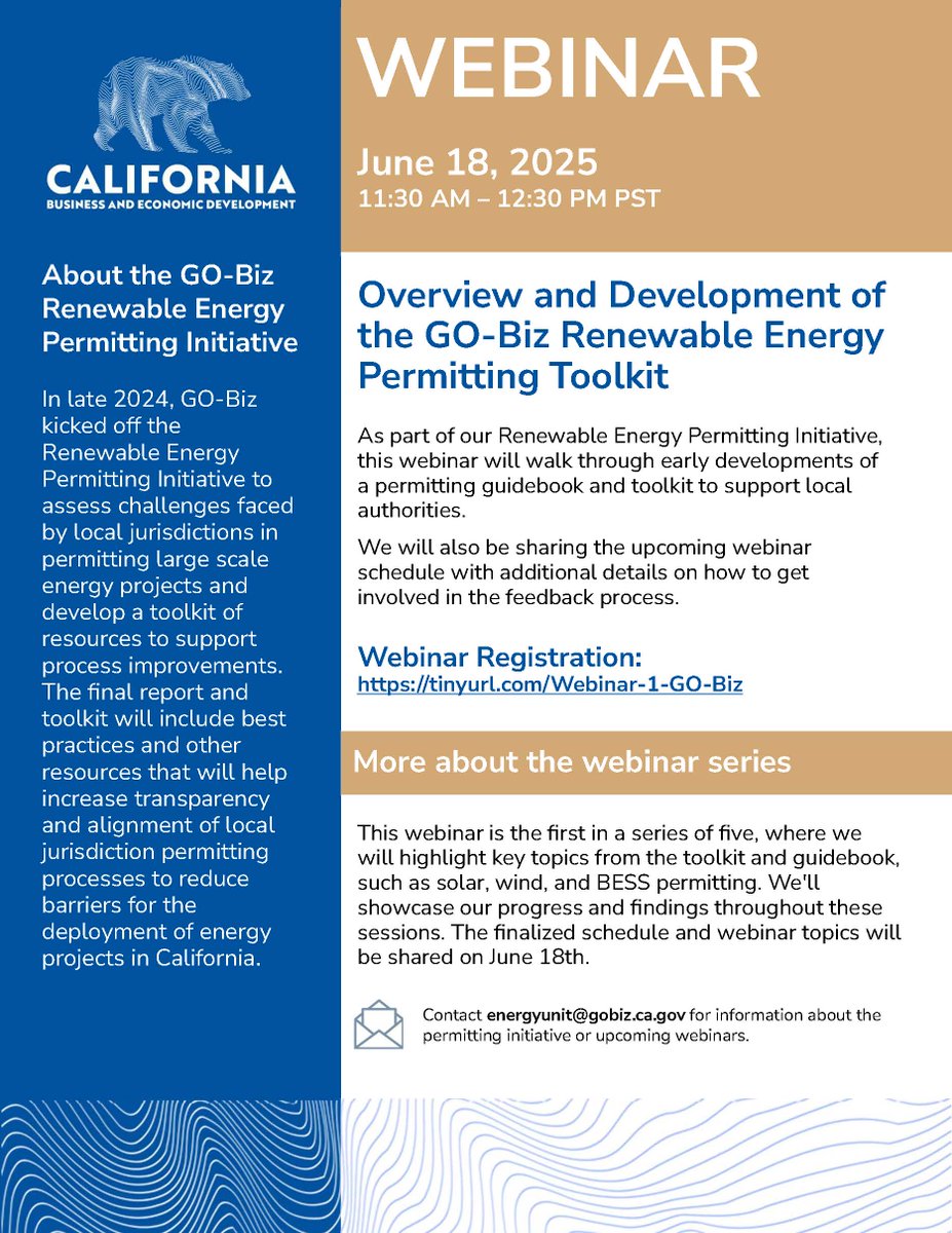 Happening tomorrow! Don’t miss <a href="/CAGoBiz/">GO-Biz</a>’s webinar on the Clean Energy Permitting Toolkit. A great opportunity to learn about efforts to streamline permitting for solar, wind, and BESS projects across California.

tinyurl.com/Webinar-1-GO-B…