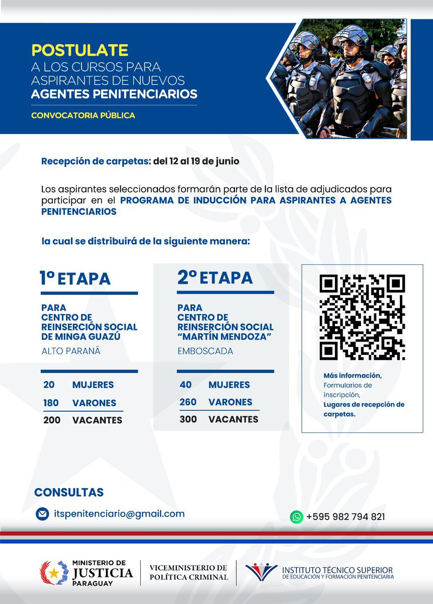 Convocatoria a Postulación para Curso de Inducción – Vacancias para Minga Guazú y Emboscada

En el marco del nuevo modelo de gestión penitenciaria, se encuentra en marcha el llamado a postulación para personas interesadas en formarse como agentes penitenciarios, a través de un