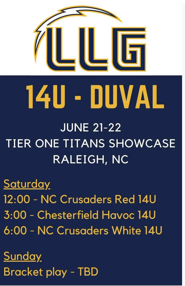Madalynn Hurd (@madalynn_hurd) on Twitter photo Can’t wait for this weekend in Raleigh, NC! Coaches come check out my talented <a href="/LLGDuVal14U/">LLG - DuVal</a> team! ⚡️⚡️<a href="/Org_LLG/">Lady Lightning Gold Org Account</a> <a href="/PoquosonHS_AD/">Poquoson High School Athletics Dept.</a> <a href="/taylorsulli7/">Taylor Sullivan</a> <a href="/D_nucks1/">Delaney</a> <a href="/MegPlesko9/">Megan Pleskovic</a> <a href="/presleybissett9/">Coach B</a> <a href="/CoachMSmith8/">Morgan Smith</a> <a href="/Morgan_Scott023/">Morgan :)</a> <a href="/CoachANicholson/">Coach Nicholson</a> <a href="/paindawg45/">Gary Payne</a> <a href="/coachkiwij/">Aquilla Mateen James</a> Can’t wait for this weekend in Raleigh, NC! Coaches come check out my talented <a href="/LLGDuVal14U/">LLG - DuVal</a> team! ⚡️⚡️<a href="/Org_LLG/">Lady Lightning Gold Org Account</a> <a href="/PoquosonHS_AD/">Poquoson High School Athletics Dept.</a> <a href="/taylorsulli7/">Taylor Sullivan</a> <a href="/D_nucks1/">Delaney</a> <a href="/MegPlesko9/">Megan Pleskovic</a> <a href="/presleybissett9/">Coach B</a> <a href="/CoachMSmith8/">Morgan Smith</a> <a href="/Morgan_Scott023/">Morgan :)</a> <a href="/CoachANicholson/">Coach Nicholson</a> <a href="/paindawg45/">Gary Payne</a> <a href="/coachkiwij/">Aquilla Mateen James</a>