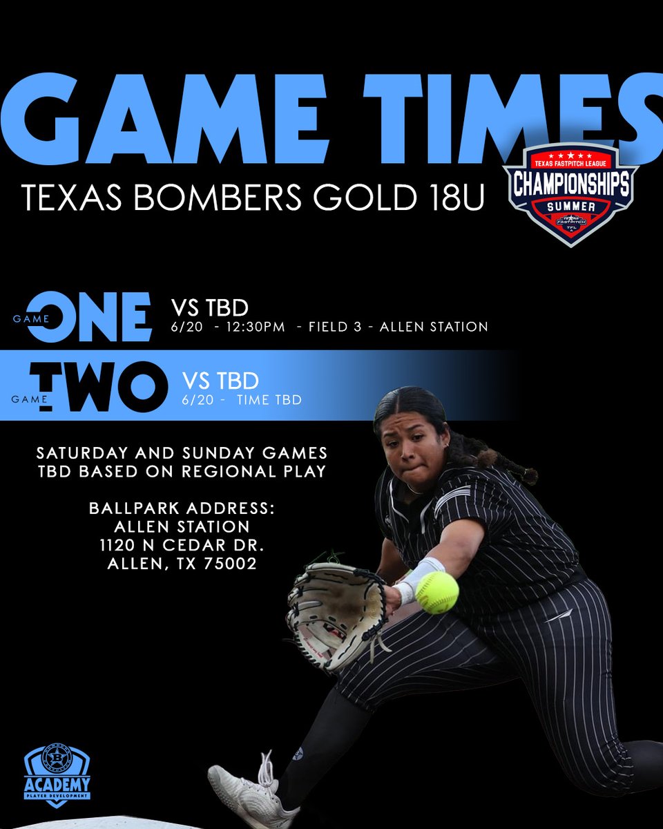 Texas Bombers Gold 18u (@txbombersgold18) on Twitter photo Check out our game times for the 2025 <a href="/TFLfastpitch/">Texas Fastpitch League</a> Summer Championships this weekend!
<a href="/bombers_academy/">Bombers Academy</a> Check out our game times for the 2025 <a href="/TFLfastpitch/">Texas Fastpitch League</a> Summer Championships this weekend!
<a href="/bombers_academy/">Bombers Academy</a>