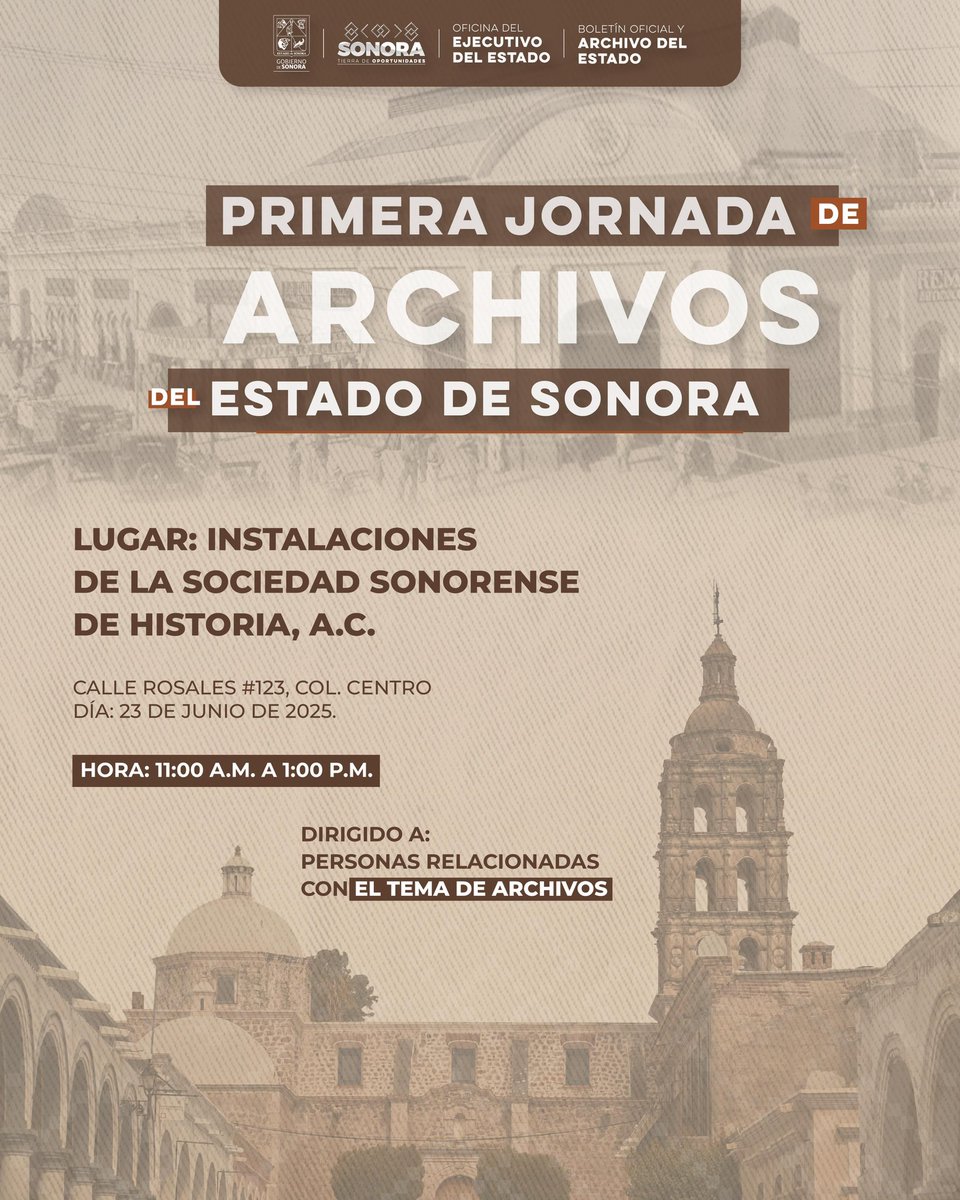 El Boletín Oficial y Archivo del Estado en coordinación con la Oficina del Ejecutivo del Estado, hace una atenta invitación a todos quienes trabajan en archivos públicos a participar en esta Primera Jornada de Archivos del Estado de Sonora. 

#archivos #Sonora