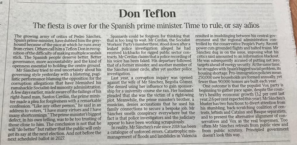 La carta de un tirano que agoniza.

Editorial del Times comparando a Sánchez con un jefe escurridizo de La Mafia