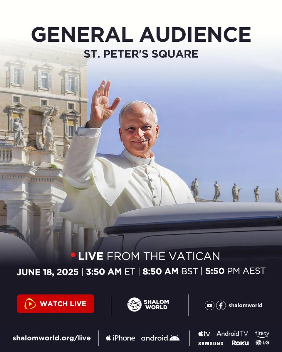 Watch LIVE on Shalom World: General Audience with Pope Leo XIV from the Vatican
 Wednesday, June 18  3:50 AM ET | 8:50 AM BST | 5:50 PM AEST 
 Watch at shalomworld.org/live