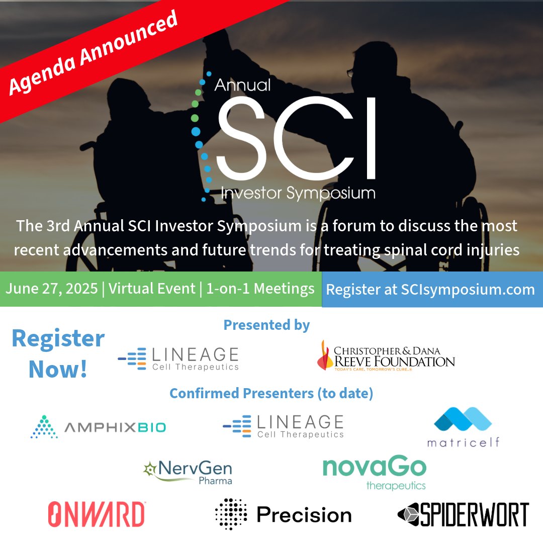 Lineage Cell Therapeutics (@lineagecell) on Twitter photo .<a href="/LineageCell/">Lineage Cell Therapeutics</a> and <a href="/ReeveFoundation/">Christopher & Dana Reeve Foundation</a> are excited to announce the initial agenda for the 3rd Annual @SCISymposium! scisymposium.com/2025-agenda/
Presenters are still being added. Reminder to investors to register and request your 1-on-1 meetings with participating companies today: .<a href="/LineageCell/">Lineage Cell Therapeutics</a> and <a href="/ReeveFoundation/">Christopher & Dana Reeve Foundation</a> are excited to announce the initial agenda for the 3rd Annual @SCISymposium! scisymposium.com/2025-agenda/
Presenters are still being added. Reminder to investors to register and request your 1-on-1 meetings with participating companies today: