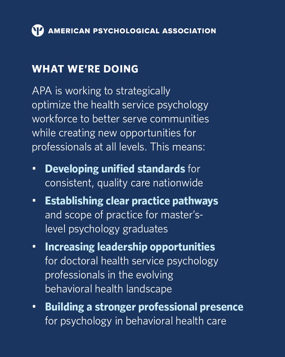APA’s Health Service Psychology Workforce Optimization initiative represents a mission-driven response to a number of challenges facing the health service psychology workforce. 

Read more: at.apa.org/2rq

#mentalhealth #psychology
