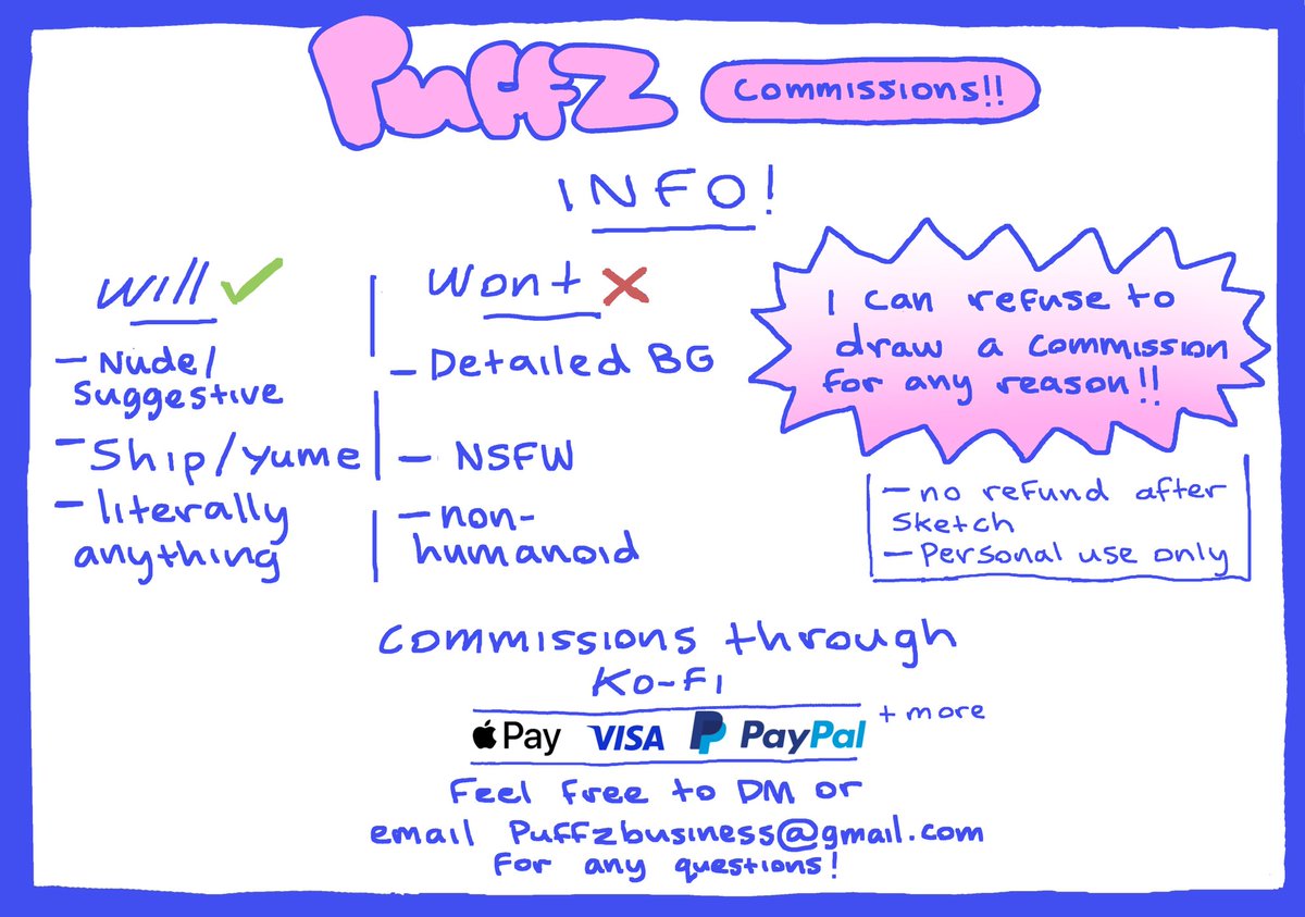 puff__Z's tweet image. Updated comms sheet!! Likes and rts are appreciated 🫶🫶 ko-fi.com/puff__z