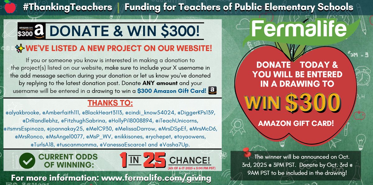 🍎📐We listed a *NEW* project on our website! Want to support teachers and have a chance to win a $300 #AmazonGiftCard? Donate ANY amount to be included in our next drawing on 10-3-2025!✨More: fermalife.com/giving Mrs. Jacob's project: donorschoose.org/project/all-ab… #nonprofit