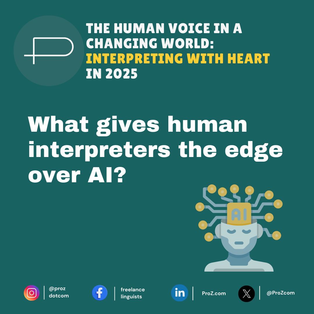 🤖 vs. 🧠 Human Power Overthinking AI: The Interpreter’s Edge in a Digital Age — Join Giovanna Carriero-Contreras as she dives into what makes human interpreters irreplaceable in an AI-driven world: hubs.la/Q03ssRLP0

#proz #xl8 #t9n #1nt #proztv #free #interpreting