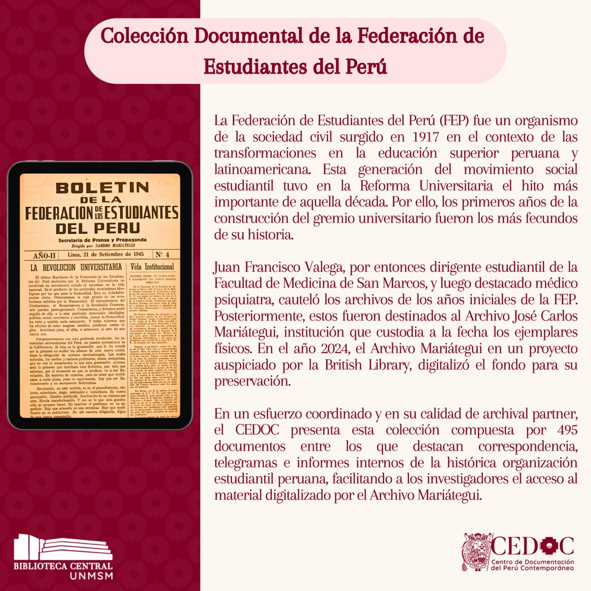 cedoc_unmsm's tweet image. 📣[YA DISPONIBLE LA NUEVA COLECCIÓN DE LA FEDERACIÓN DE ESTUDIANTES DEL PERÚ]

En un esfuerzo coordinado y en su calidad de archival partner, el CEDOC  presenta la Colección Documental de la Federación de Estudiantes del Perú: cedoc.sisbib.unmsm.edu.pe/biblioteca-dig…