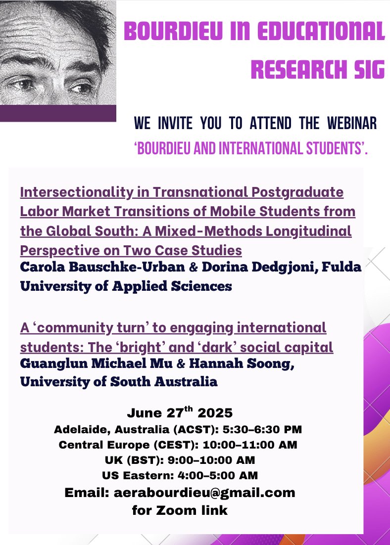 The <a href="/AERABourdieuSIG/">AERABourdieuSIG</a> and the WeChat Group
of Bourdieu &amp; Chinese Academicus jointly invite you to attend the Webinar ‘Bourdieu and International Students’ on June 27th 2025.  Details below.