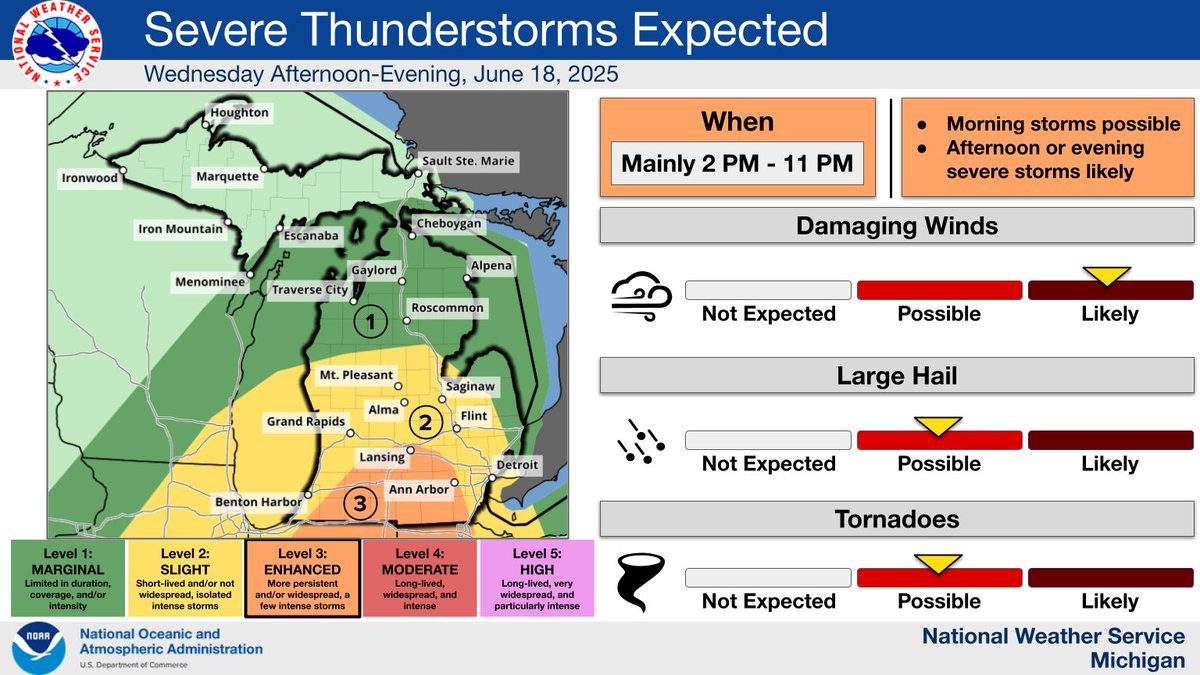 Scattered thunderstorms possible Wednesday morning, June 18, then likely Wednesday afternoon into evening. Some afternoon or evening thunderstorms could be severe, with damaging wind gusts, tornadoes, and large hail possible.