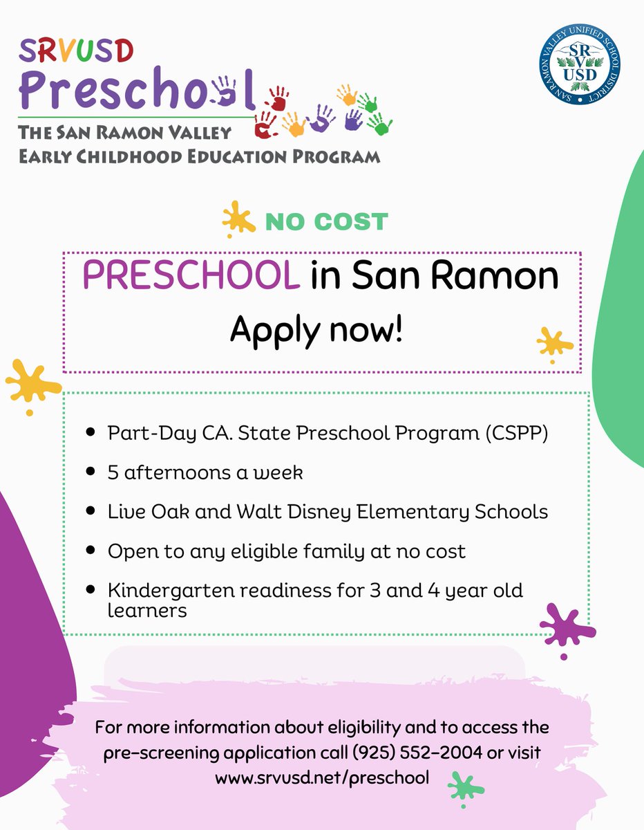 Looking for 5 afternoons of free preschool? Learn more and apply at srvusd.net/preschool. Eligibility restrictions apply. Classes begin Aug. 13th!
