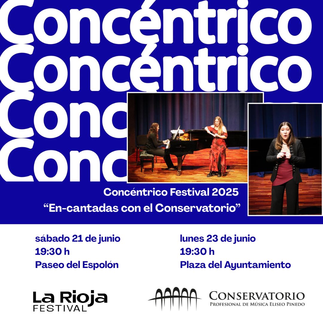 <a href="/ConserPinedo/">Conservatorio Profesional de Música Eliseo Pinedo</a>  en colaboración con la @riojafestival amenizará dos exposiciones de <a href="/concentricofest/">Concéntrico</a> 2025
Recital de canto: Gabriela Colcer y Paula Montes, al piano Elizabeth Aliende. 
-21/06 19:30 Paseo del Espolón 
-23/06 19:30h Plaza del Ayuntamiento. 
<a href="/lariojaorg/">Gobierno de La Rioja</a> <a href="/AytoLogrono/">Ayuntamiento Logroño</a>