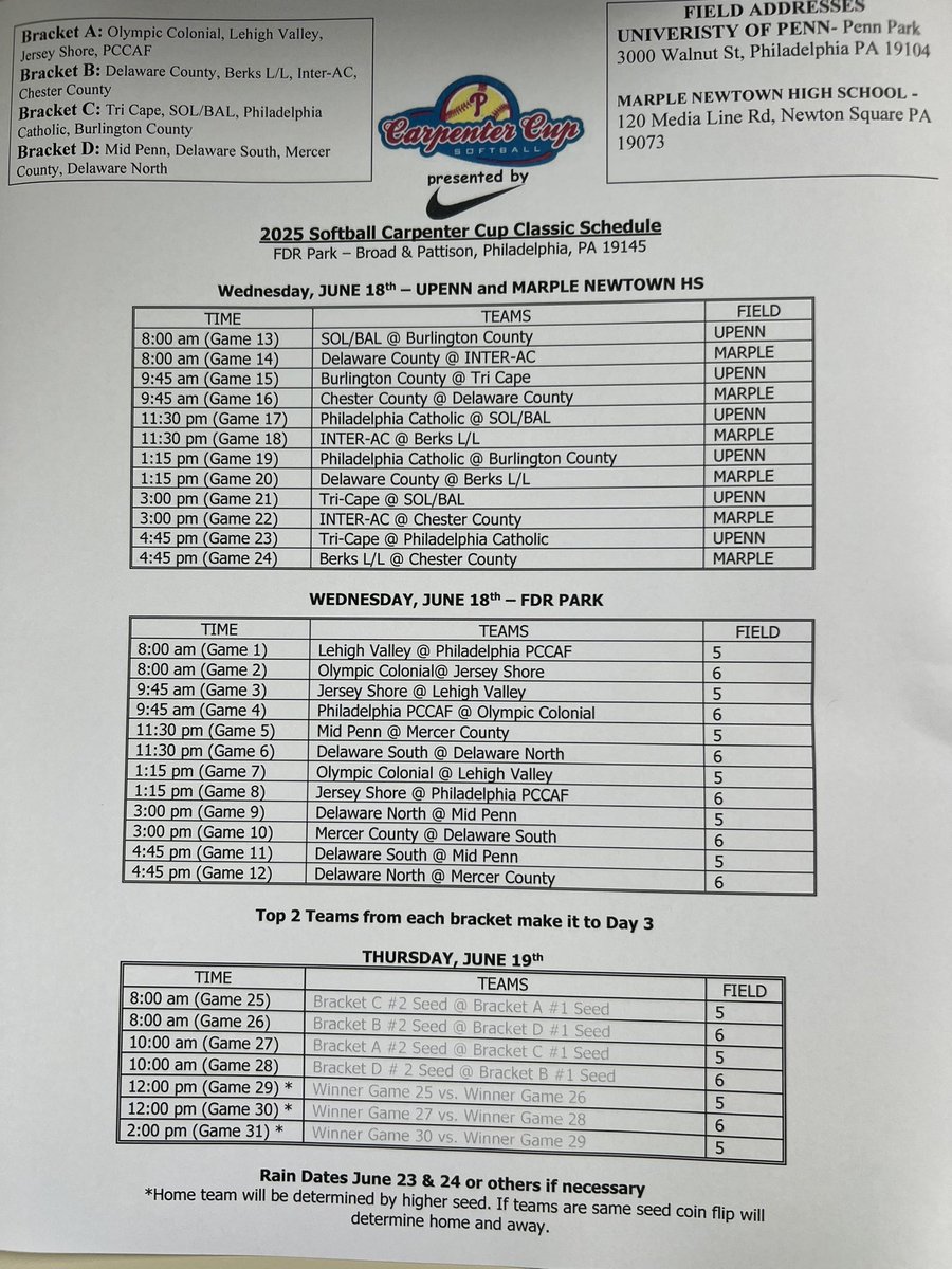 CARPENTER CUP UPDATE:  

Team Lehigh Valley is set to play three games on Wednesday at 8am, 9:45am, and 1:15 pm. 

Here is the updated schedule because of weather.  

Games will move to  two locations with Championships as of now- still set for Thursday. 

Stay tuned!!!!