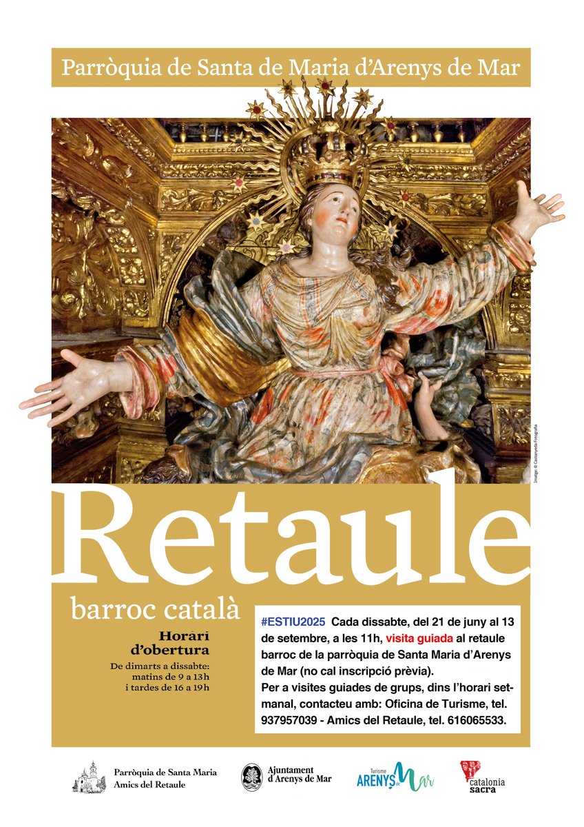 🌊 Cada dissabte, del 21 de juny al 13 de setembre, a les 11h, podeu gaudir de les visites al retaule d'Arenys de Mar. A peu d'onades, submergiu-vos en l'esplendor del barroc! #Estiu2025 <a href="/bisbatgirona/">Bisbat de Girona ⛪️</a> <a href="/AjArenys/">Aj. Arenys de Mar</a> <a href="/Turisme_Arenys/">Turisme Arenys de Mar</a> <a href="/larutadelbarroc/">La Ruta del Barroc</a> <a href="/cataloniasacra/">Catalonia Sacra</a> <a href="/patrimonigencat/">Patrimoni cultural</a>