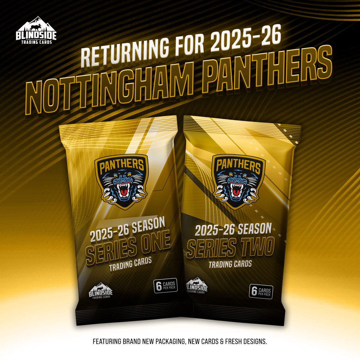 BSTradingCards's tweet image. The Nottingham Panthers are the first of many teams returning for the 2025-26 Blindside Trading Cards season!
We’re bringing new foil packaging, more cards, fresh designs, and a whole lot more for the 2025-26 season – our biggest and boldest yet!