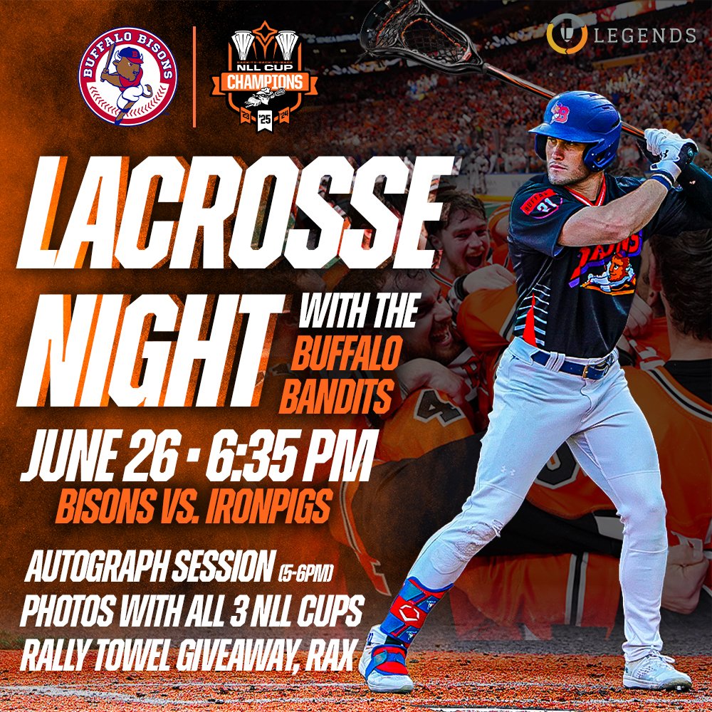 Buffalo Bisons (@buffalobisons) on Twitter photo Another year, another <a href="/NLLBandits/">Buffalo Bandits</a> Championship to celebrate! 🎉
Get ready #Banditland... Lacrosse Night at the Ballpark returns to Sahlen Field, Thursday, June 26
🥍⚾️: bit.ly/4kLMgpX Another year, another <a href="/NLLBandits/">Buffalo Bandits</a> Championship to celebrate! 🎉
Get ready #Banditland... Lacrosse Night at the Ballpark returns to Sahlen Field, Thursday, June 26
🥍⚾️: bit.ly/4kLMgpX
