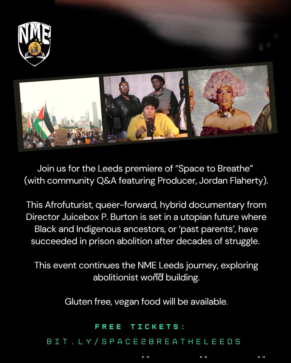📺FREE Leeds Film Screening : Space to Breathe📺 

The film is set in a utopian future where Black and Indigenous ancestors have succeeded in prison abolition! 

 📆 Sunday 29th June 

⏰ 7-10pm 

📍Wharf Chambers, Leeds LS2 7EQ 

🍽️  Gluten free, vegan food provided