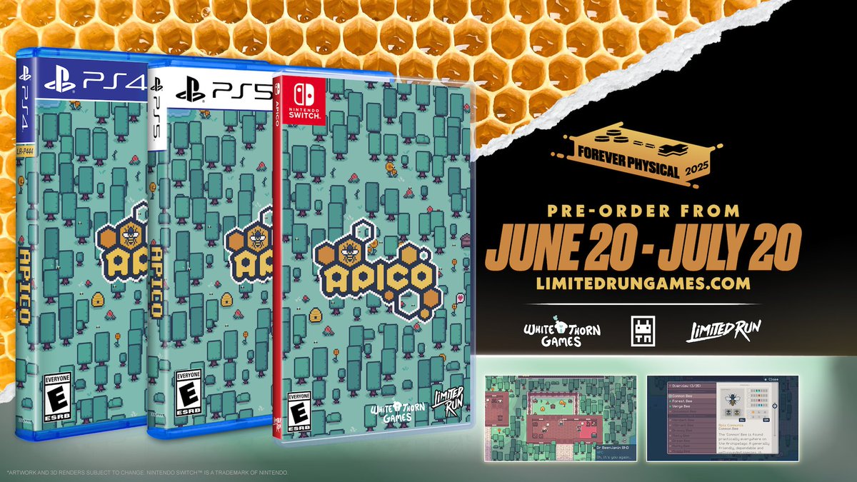 🐝💕Imagine it, cozy gamers. Beekeeping, without the stingers and the pollen? APICO will be available for physical preorder on PlayStation 4, PlayStation 5, and Nintendo Switch on June 20th!

Wishlist and learn more:
limitedrungames.com/collections/ap…