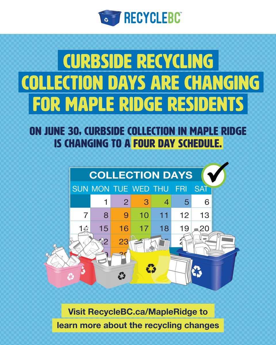 ⚠️Maple Ridge Schedule Change⚠️

Starting June 30, Maple Ridge residents will see a change to their curbside collection schedule as it will change to a four day collection schedule.

Visit RecycleBC.ca/MapleRidge to learn about the recycling changes and to view the new schedule.