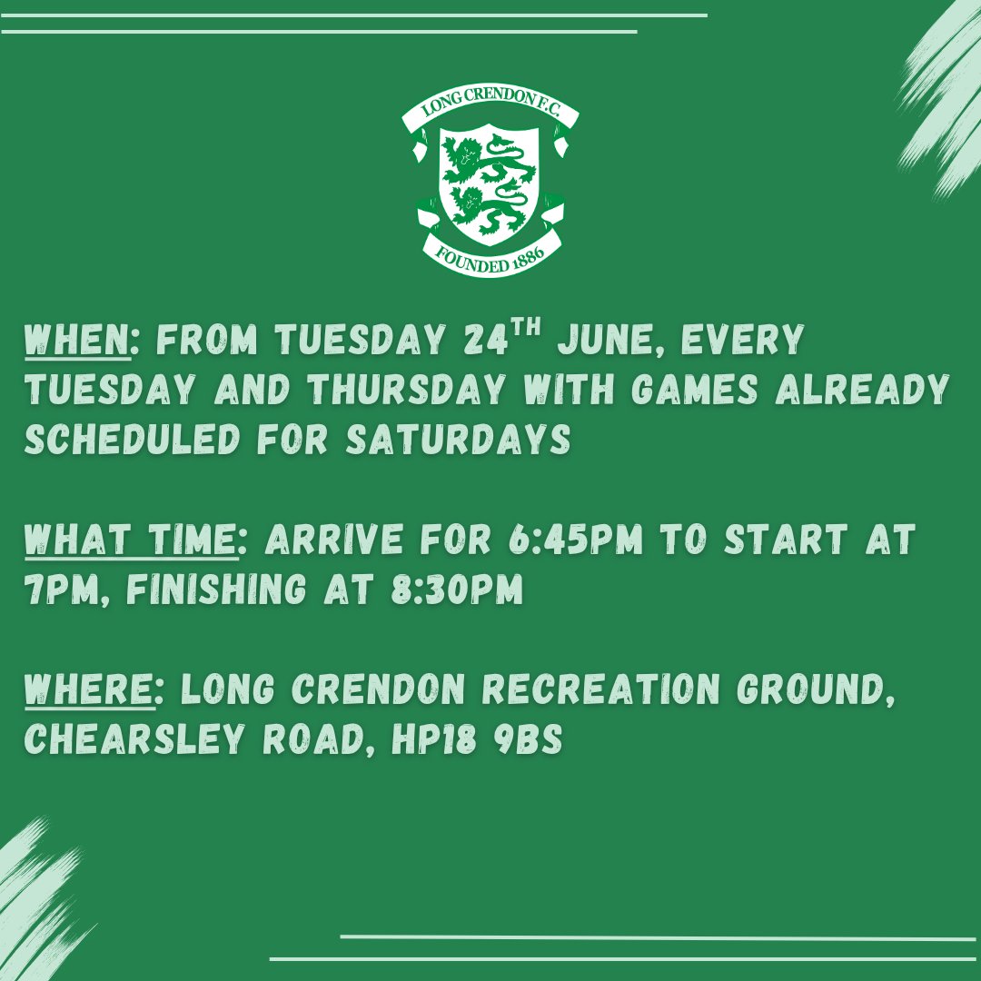 🚨 Preseason ⏳️

A reminder that our preseason starts in a weeks time, on Tuesday 24th June at 7pm in Long Crendon.

We're grateful for all of the interest so far and once again encourage players to get in touch in you're interested in attending 💚