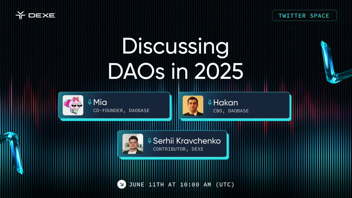 🎙 DAOs in 2025 — what’s next?

Join us Tomorrow (June 18), 10:00 UTC, for a deep dive into the state and future of decentralized governance with <a href="/daobase_ai/">DAOBase 🐝 $BEE Launching Today!</a>

We’ll discuss DAO trends, on-chain coordination, and where #AI fits into it all.

Speakers:
Contributor, DeXe Protocol -