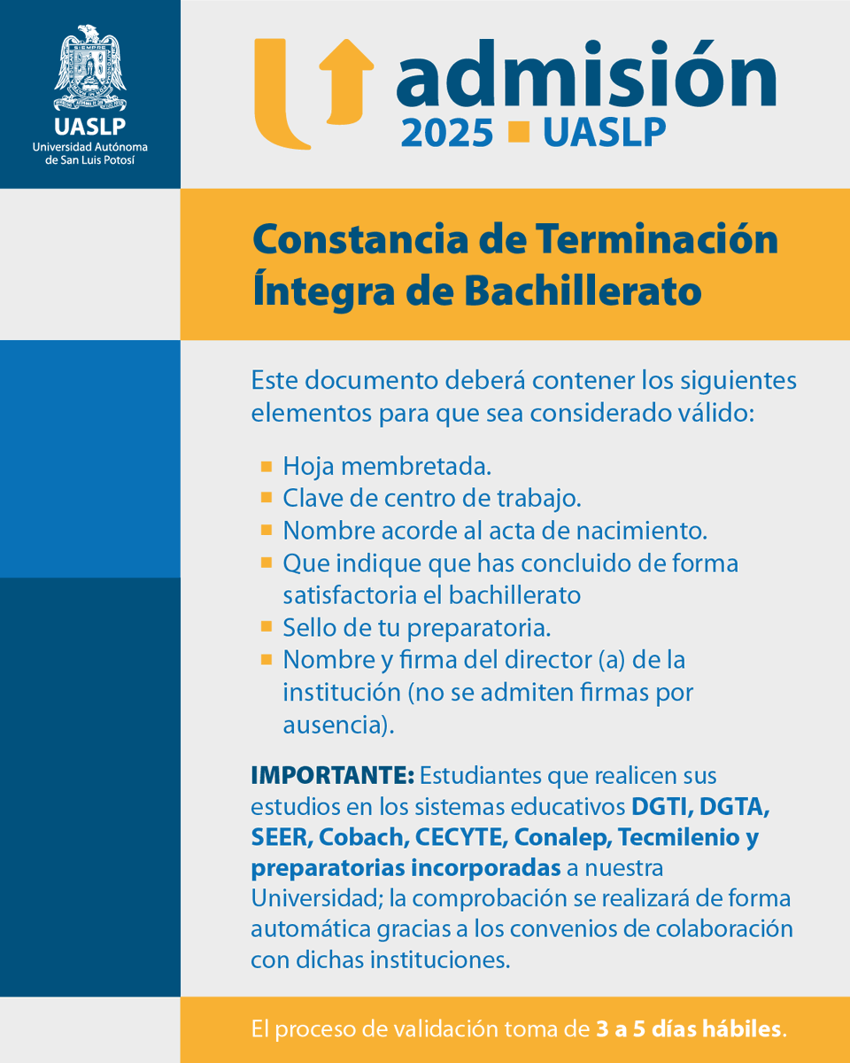 #Aspirante: 
¡Esta información es importante para ti! 👇

☑️ Recuerda que se acerca la fecha límite 🗓️ para que compruebes la terminación íntegra de bachillerato y puedas presentar el examen de conocimientos ✍️. 

#AdmisiónUASLP