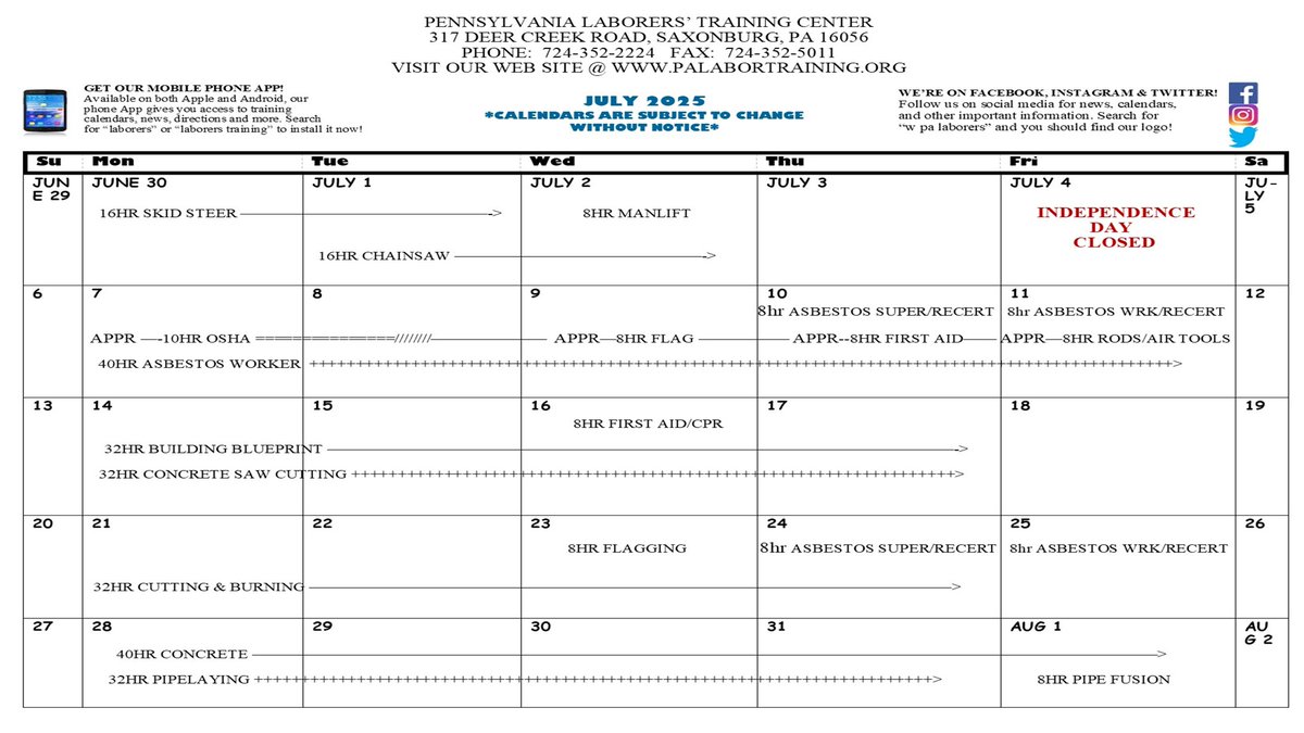 The July calendar has arrived. We're running a Building Blueprint Reading class this month for the first time in a long while, so take advantage of this opportunity! Asbestos, Concrete saw cutting, and a Pipelaying class are other highlights. Call us to schedule! 724-352-2224
