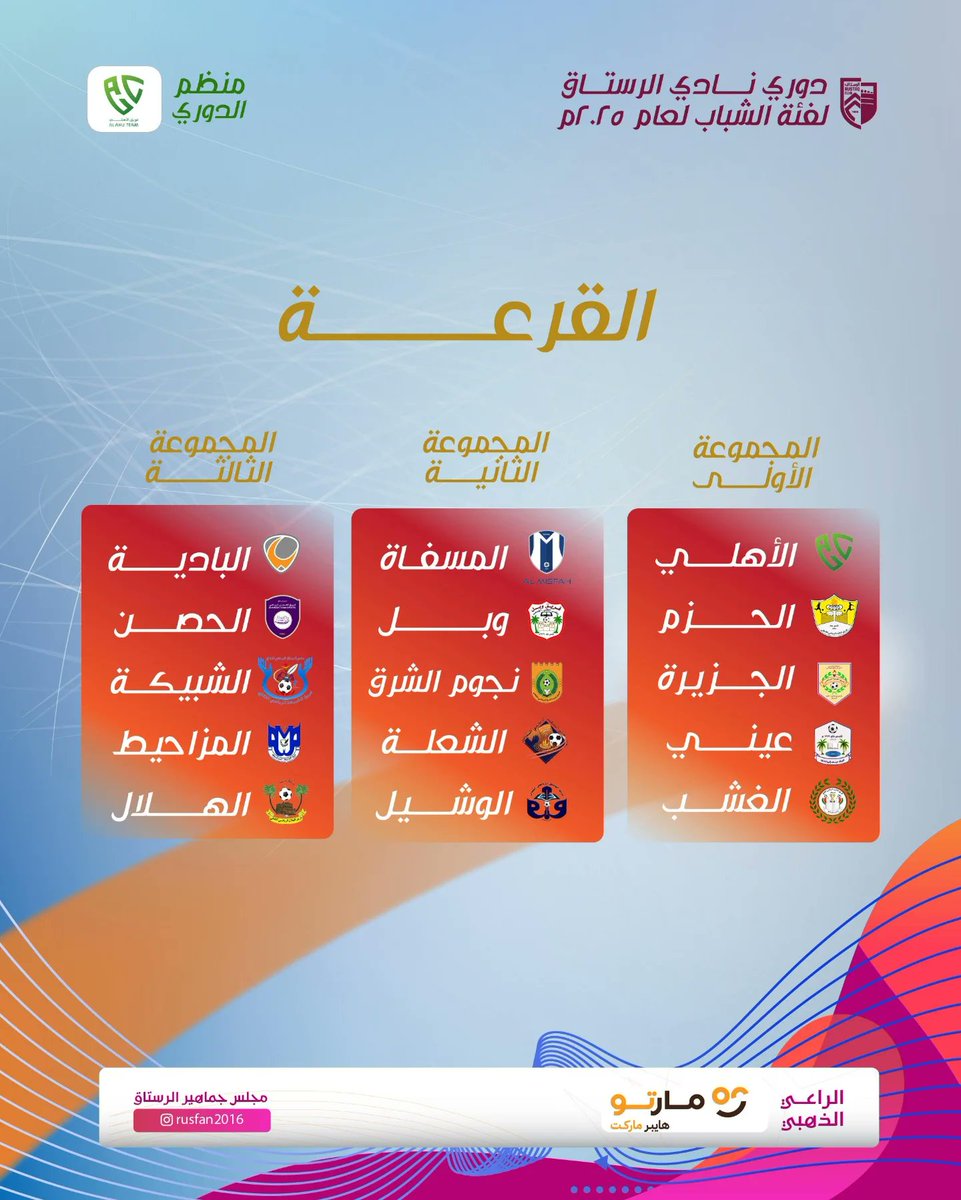 مجموعات دوري نادي الرستاق
لفئة الشباب عام 2025م 💚