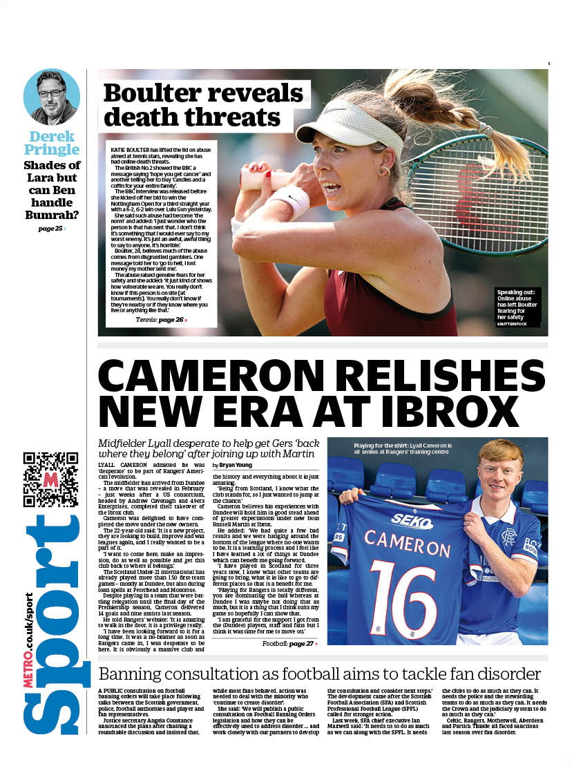 Wednesday's back page                                    

CAMERON RELISHES NEW ERA AT IBROX      

Midfielder Lyall desperate to help get Gers ‘back where they belong’ after joining up       

#TomorrowsPapersToday #scotpapers #skypapers #BBCPapers #scottishfootball