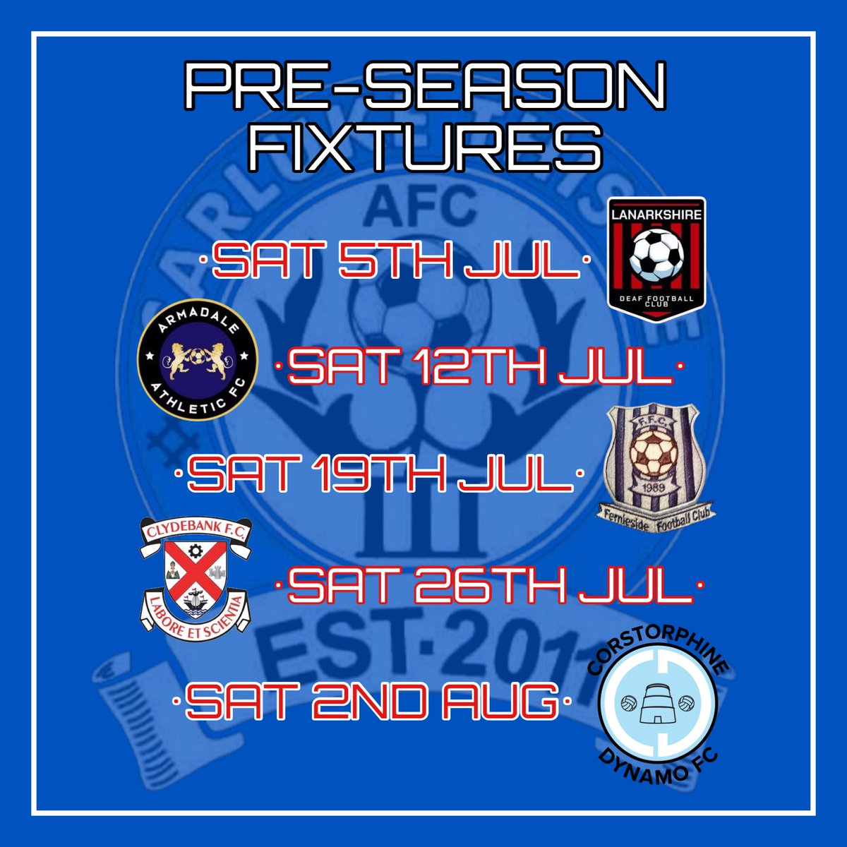 Carluke Thistle AFC (@carlukethistle1) on Twitter photo 𝗣𝗥𝗘-𝗦𝗘𝗔𝗦𝗢𝗡 𝗦𝗖𝗛𝗘𝗗𝗨𝗟𝗘
We kick off pre season training on Wed 2nd Jul & have the following fixtures arranged. Any interested players please DM the page. 🔵🔴
<a href="/LanarkshireDFC/">Lanarkshire Deaf FC</a> (A), <a href="/FcArmadale/">Armadale Athletic FC</a> (H)
<a href="/FerniesideAmsFC/">Fernieside AFC</a> (H), <a href="/ClydebankAFC/">Clydebank Amateurs GGPL</a> (A), <a href="/CorrieDynamoFC/">Corstorphine Dynamo CFC</a> (A) 𝗣𝗥𝗘-𝗦𝗘𝗔𝗦𝗢𝗡 𝗦𝗖𝗛𝗘𝗗𝗨𝗟𝗘
We kick off pre season training on Wed 2nd Jul & have the following fixtures arranged. Any interested players please DM the page. 🔵🔴
<a href="/LanarkshireDFC/">Lanarkshire Deaf FC</a> (A), <a href="/FcArmadale/">Armadale Athletic FC</a> (H)
<a href="/FerniesideAmsFC/">Fernieside AFC</a> (H), <a href="/ClydebankAFC/">Clydebank Amateurs GGPL</a> (A), <a href="/CorrieDynamoFC/">Corstorphine Dynamo CFC</a> (A)