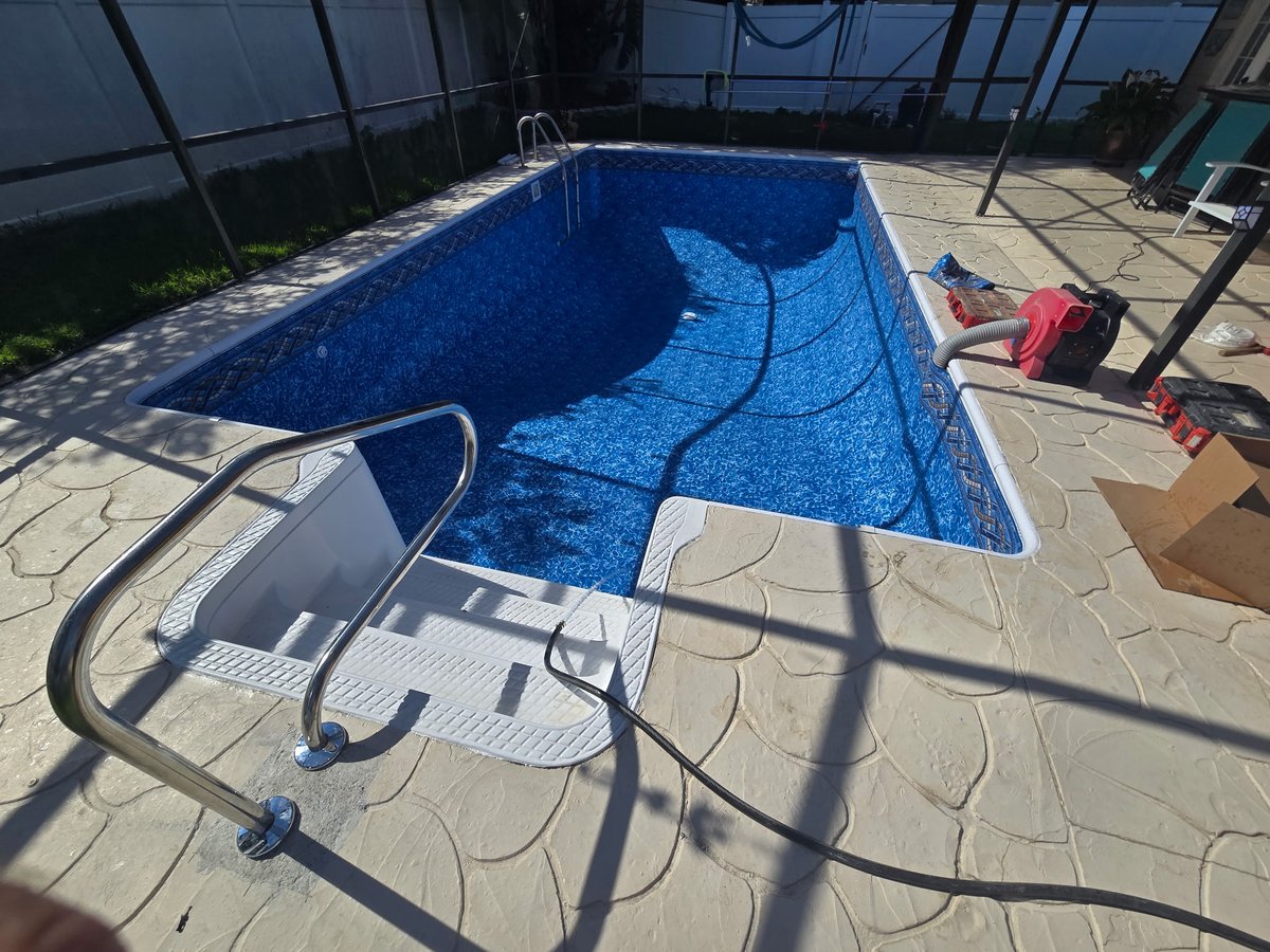 ppalmpools's tweet image. The customer reached out for a liner and ladder upgrade in their pool. We removed the damaged vinyl liner, prepped the pool, and installed a new Latham Panama Royal prism liner. We also replaced the ladder treads, trim and faceplates with Haywood products. #PoolRefresh