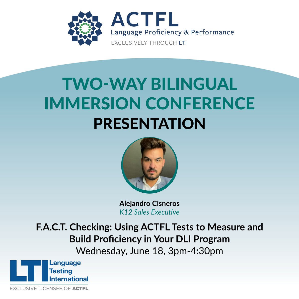 LTILanguageTest's tweet image. We're attending the Two-Way Bilingual Immersion Conference & our colleague, Alejandro Cisneros, is presenting tomorrow on #ACTFL testing in #DLI programs. If you're attending, stop by our session!
#LangChat #DLI #DualLanguageImmersion #BilingualImmersion
